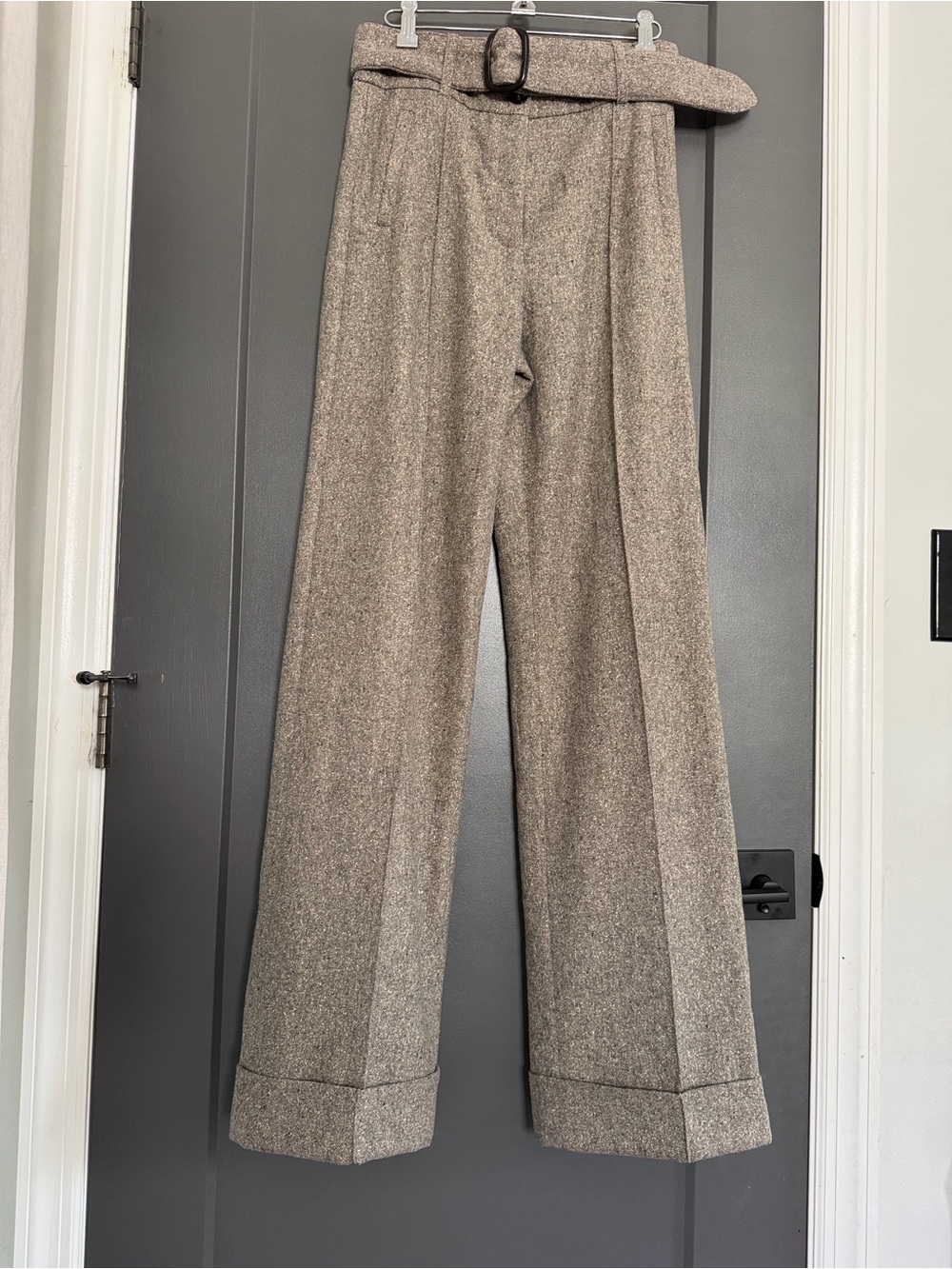 Sezane Taupe High-Rise Wide-Leg Belted Trousers